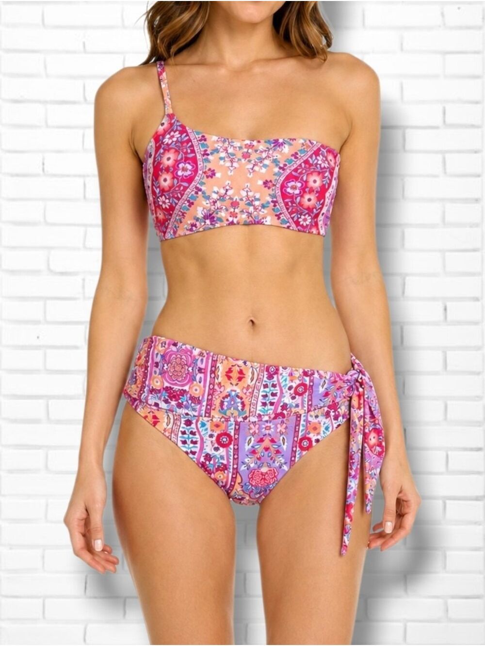 NEW! Nanette Lepore Asymmetrical Tropical Pink One-shoulder Bikini Set Size 8